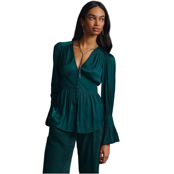 Anthropologie Deep-V Tunic Romantic Blouse Bell Sleeve Emerald Green Satin Sz S - Picture 2 of 10